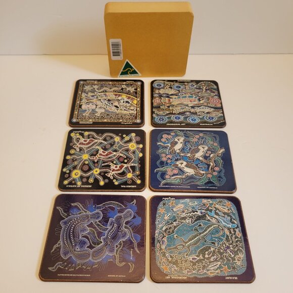 Set Of 6 Aboriginal Art Coasters With Cork Backing By Danny Eastwood - Picture 1 of 12